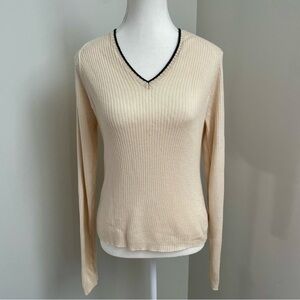 Vintage Y2K 90's Gap 100% Merino Wool V Neck Ribbed Sweater Cream Size Small